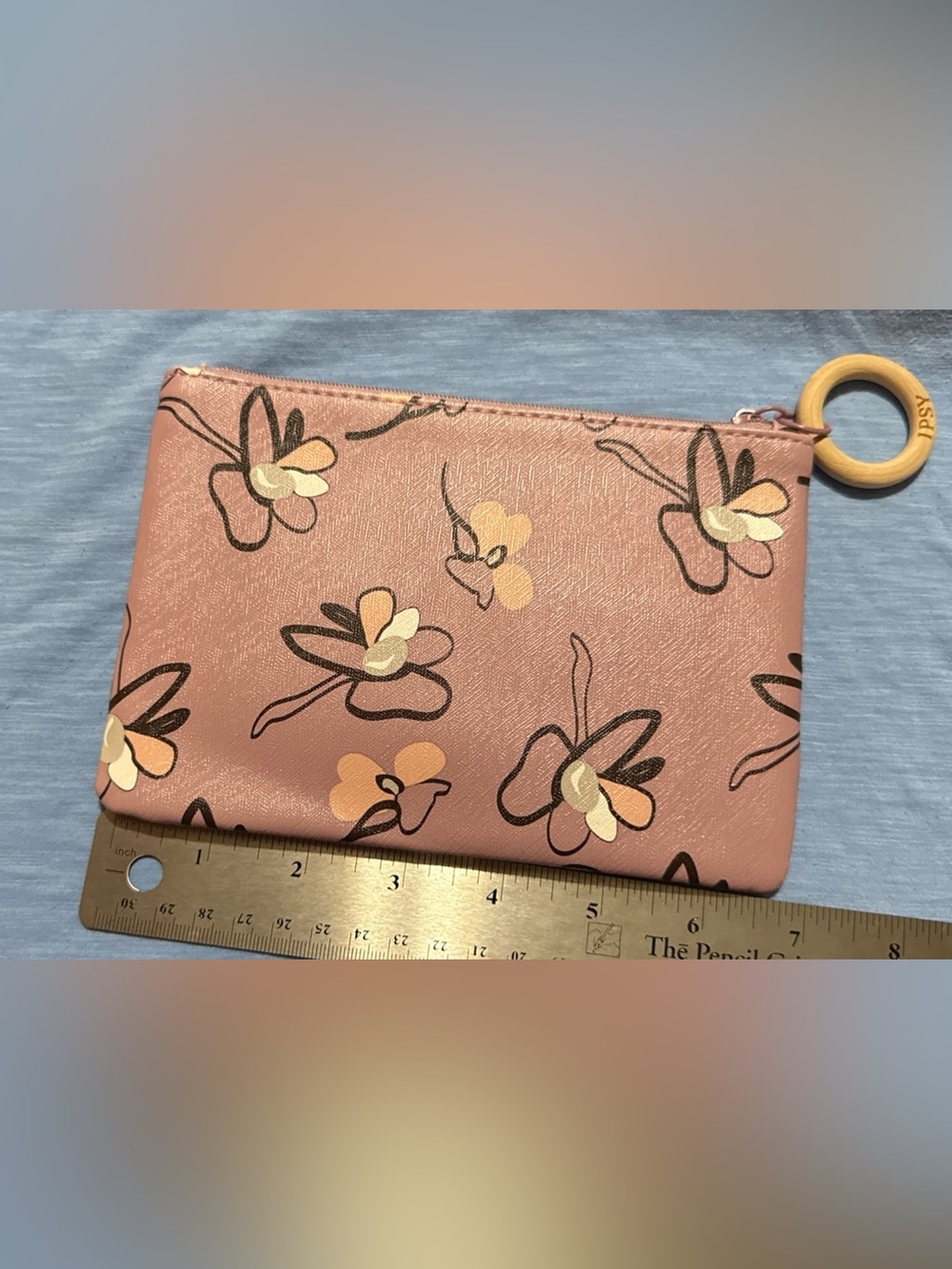 ipsy Pink Floral Wristlet Pouch with Wooden Ring